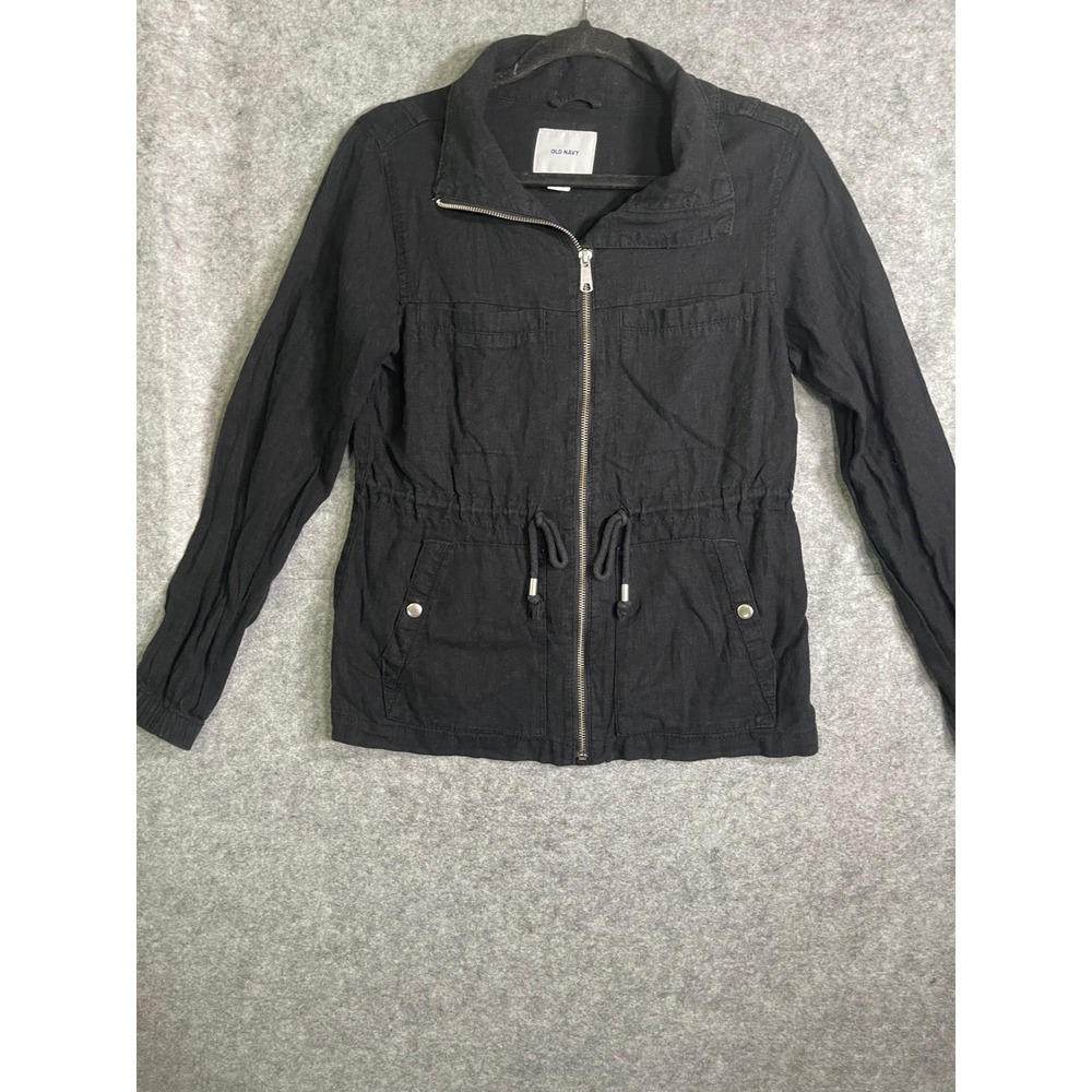 Old Navy Womens XS Black Linen Blend Utility Jacket Full Zip Field‎ Coat